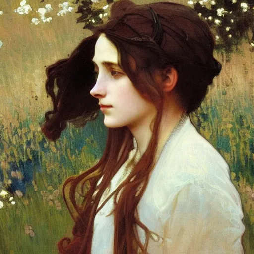 Image similar to a beautiful painting of a young girl in the scottish highlands, underexposed and overcast, by alphonse mucha, john sargent, and octane.