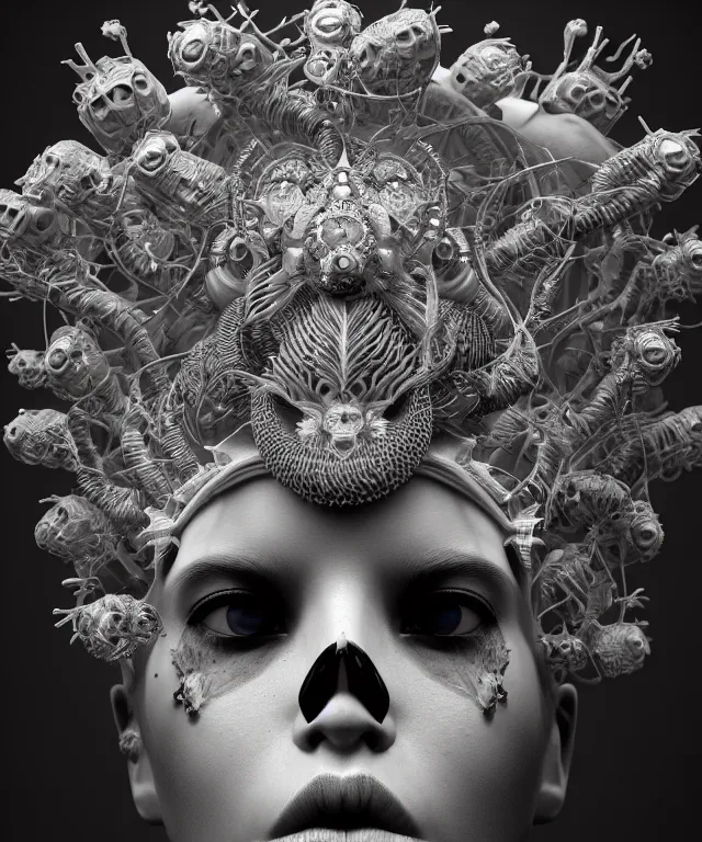 Image similar to symmetrical goddess close-up portrait wigh crown made of skulls. betta fish, phoenix, bioluminiscent creature, intricate artwork by Tooth Wu and wlop and beeple. octane render, trending on artstation, greg rutkowski very coherent symmetrical artwork. cinematic, hyper realism, high detail, octane render, 8k