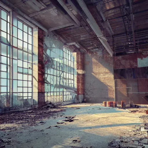 Image similar to abandoned industrial factory interior, sunlight filtering through the broken windows, digital art, trending on artstation