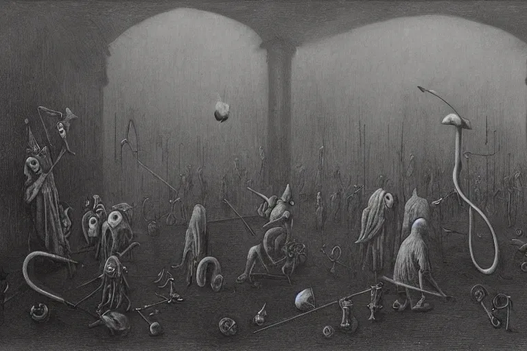 Prompt: a photo of plague doctors with rube goldberg machines in the fog by joel peter witkin, heironymus bosch, gustave dore, beksinski