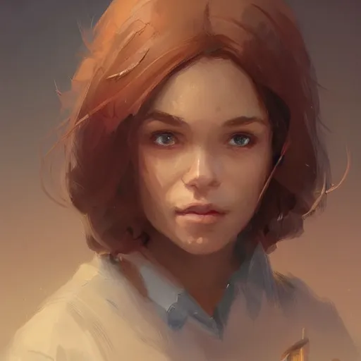 Image similar to portrait of a super friendly woman by greg rutkowski, he is about 2 9 years old, english, auburn slightly red shoulder length hair, brown eyes, cute slighty chubby face, highly detailed portrait, digital painting, artstation, concept art, smooth, sharp foccus ilustration, artstation hq