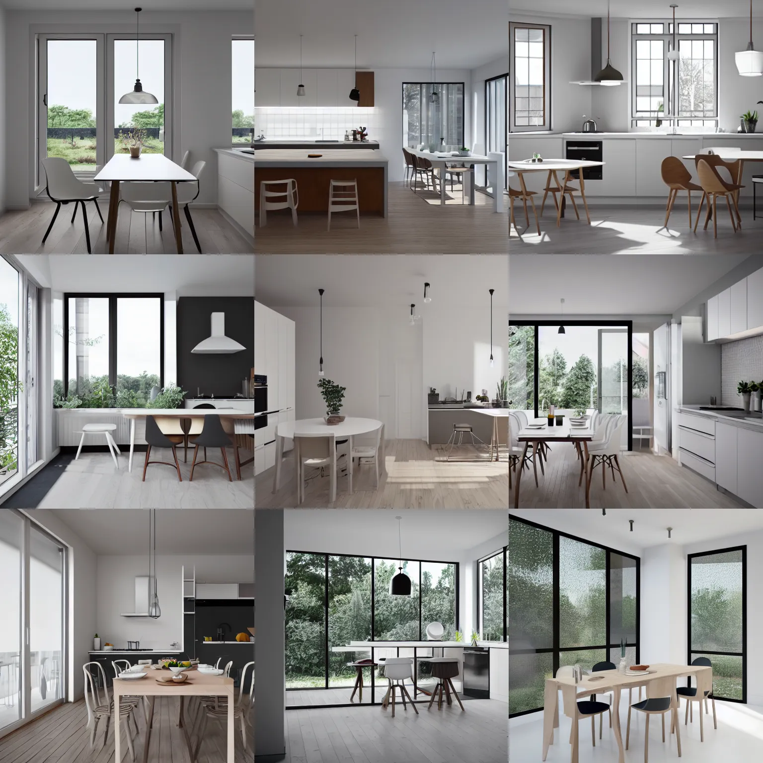 Prompt: a render of a kitchen with white appliances, wooden small dinning table, view to the park, balcony, scandinavian style, vray render, octane, photorealistic