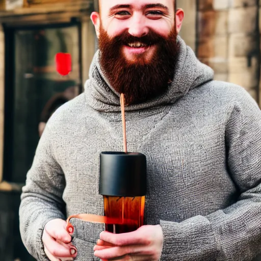 Prompt: a portrait of a young man with short red hair and a beard with wide-set eyes and a goofy smile wearing a cream sweater and holding a glencairn glass in Edinburgh, trending on artstation