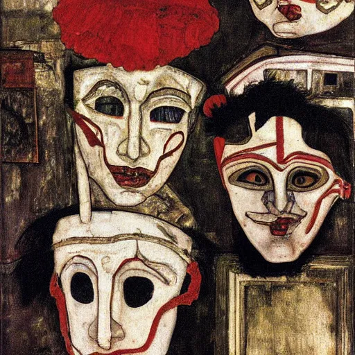 Image similar to carnival masks in narrow crowded streets of Rome, by Egon Schiele