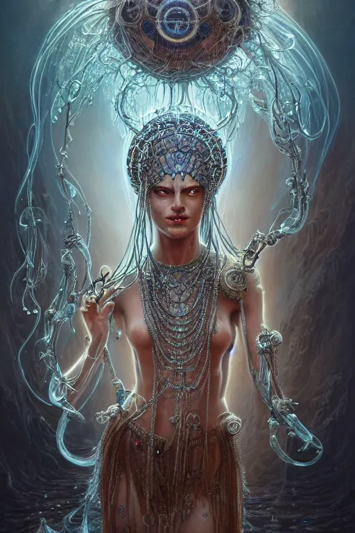 Image similar to a centered render of an alluring post apocalyptic goddess with wearing ornate silver and gemstones and crystal clothing surrounded by flowing liquid gallium jellyfish and sacred geometry, perfect body and face, gorgeous, cinematic, beautifully lit, by tomasz alen kopera and peter mohrbacher and craig mullins, 3 d, trending on artstation, octane render, 8 k