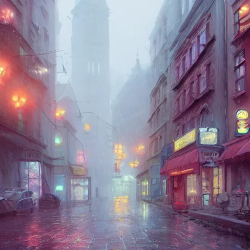 Prompt: movie scene of a downtown, lviv, a very misty day, rainy day, by ian mcque ferdinand knab, makoto shinkai and lois van baarle, artgerm, pixar, ilya kuvshinov,, tom bagshaw, global illumination