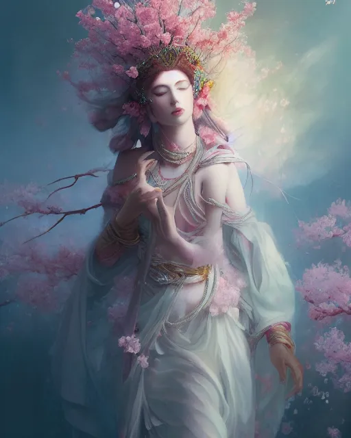 Image similar to Full View Portrait Mystical ethereal Cherry blossom deity wearing beautiful dress, Sakura Dryad made of Sakura beautiful dress, 4k digital masterpiece by Greg Rutkowski and Ruan Jia and rossdraws, Alberto Seveso, fantasycore, Hyperdetailed, realistic oil on linen, soft lighting, Iconography background, featured on Artstation