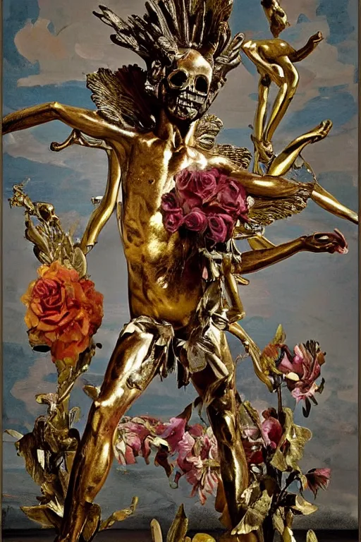 Prompt: Jean-Michel Basquiat as a full-body golden baroque statue of Icarus in the posing like a bird for flight, crown of peach roses, flowing pink-colored silk, fabric, flowers. baroque elements, human skull. full-length view. baroque element. intricate artwork by caravaggio. many many birds birds on background. Trending on artstation. halo. octane render, cinematic, hyper realism, octane render, 8k, depth of field, 3D