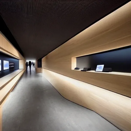 Prompt: (2030s Samsung Microsoft Apple flagship store interior, wood, concrete, black walls, muted colors.) by Jean-Baptiste Monge !!!!!!!!!!!!!!!!!!!!!!!!!!!