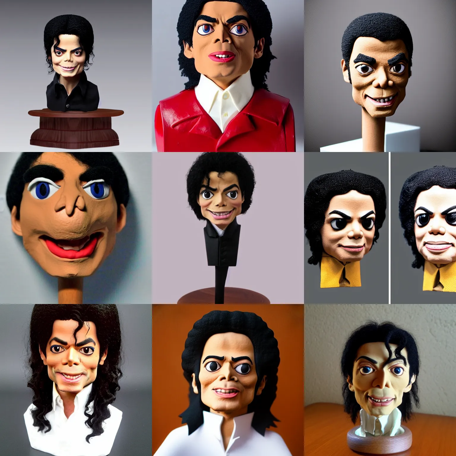 Prompt: michael jackson!!! very extremely realistic!!! extreme likeness!!! smooth specular clay! extremely close smooth specular sculpted headshot of michael jackson clay puppet , soft light, fog , on wooden table. style: claymation puppet kids clay , by guldies