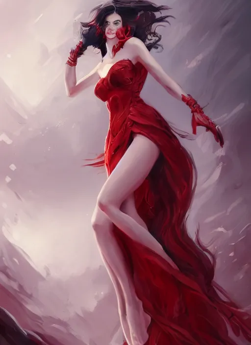 Image similar to a highly detailed illustration of beautiful long black hair white woman wearing a red dress, dramatic smile pose, intricate, elegant, highly detailed, centered, digital painting, artstation, concept art, smooth, sharp focus, league of legends concept art, WLOP