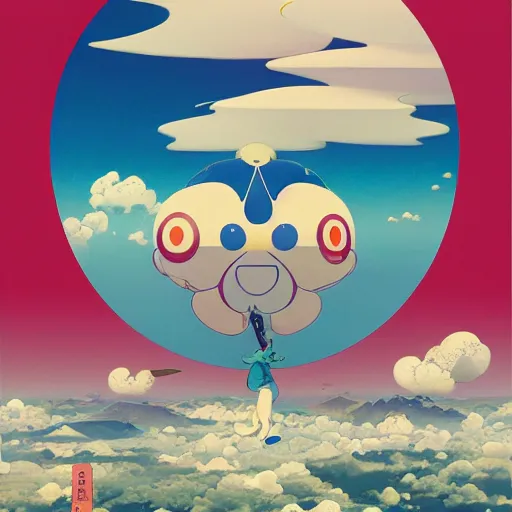 Image similar to a man walking on clouds above kyoto by takashi murakami, beeple and james jean, aya takano color style, 4 k, super detailed