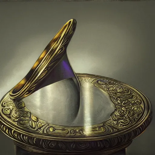 Prompt: in the center lays an ancient chromed artifact in the shape of a heavy signet ring, ornate with gentle iridescent shine from within. the ring lays on top of a pedestal. the pedestal is in front of a dark misty balcony at night. perspective from the side. realistic light and shadows. moody fantasy art, table still life renaissance pastel painting.