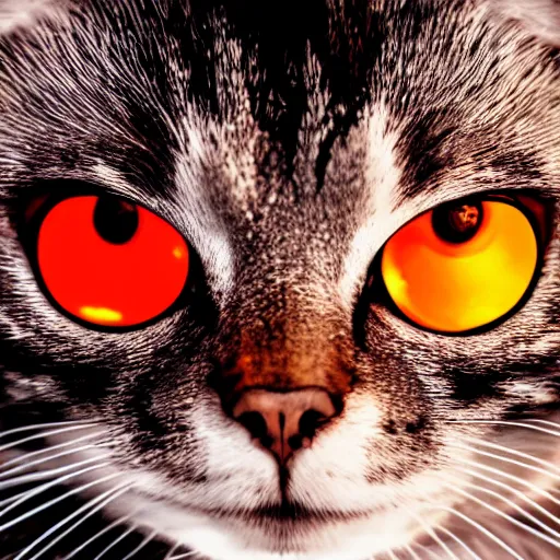 Image similar to metallic cat with red glowing eyes, dramatic lighting, studio photo, 4k, photorealistic, film grain, inspired by the terminator, manga style, anime