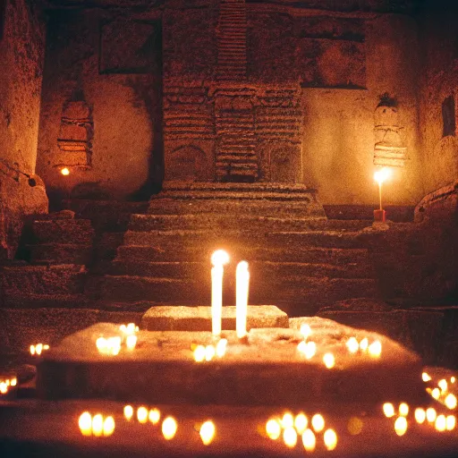 Image similar to film photography film photography, inside an Aztec temple, at night, lit with candles, Leica M6, cinestill 800, Noctilux 50mm
