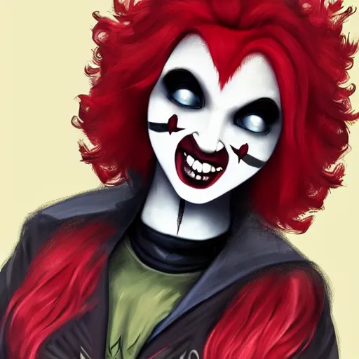 Image similar to A high quality illustration of a smiling goth-clown hybrid with red hair, trending on artstation, cute