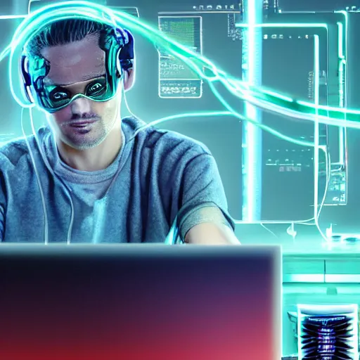 Image similar to a man sitting in front of a computer screen, glow on face, connected with wires to computer, https://i.ibb.co/Wz2Fw91/sebastian-szmyd-vhs-cyberpunk-2.jpg