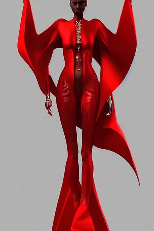 Image similar to detailed beautiful noun in opened white gold red coat, seductive confident pose, attractive feminine curves, intricate details, afrofuturism, futuristic, alien, elegant cape, elegant, photorealism, trending on artstation, holy halo, advanced technology, art by moebius and vitaly bulgarov and chanthara
