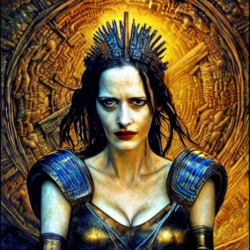 Prompt: eva green as warrior queen, atmospheric lighting, painted, intricate, golden and blue hour, ultra detailed by peter gric, giger, enki bilal