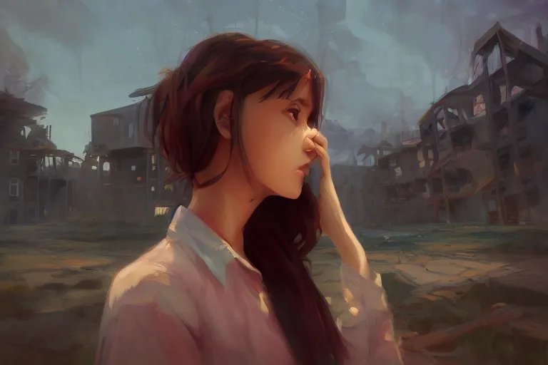 Image similar to digital art of a beautiful girl wearing a shirt standing in front of a ruined apartment complex, arctic composition, sunlit, expressive oil painting, by artgerm, by jeremy lipking, anime style, octane render, bright colors, face!!!! close - up
