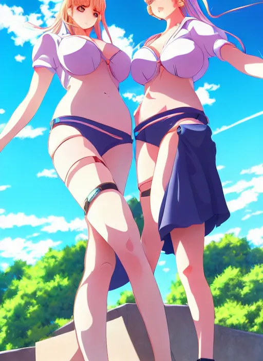 Prompt: two beautiful mothers under a blue sky, summer clothes, gorgeous faces, thick lines, cinematic lighting, detailed anime art