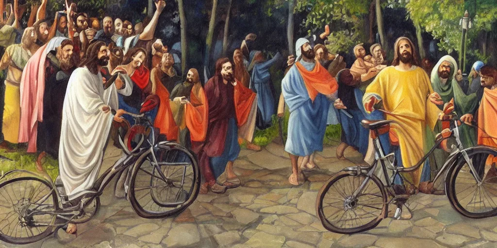 Image similar to a award winning painting of Jesus stealing a bike