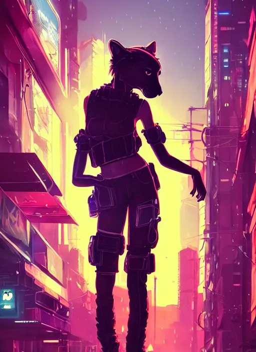 Prompt: beautiful portrait commission of a female furry anthro spotted cougar wearing a bullet proof vest and cargo pants. Cyberpunk city at night in the rain. Neon light. Atmospheric. Character design by charlie bowater, ross tran, artgerm, and makoto shinkai, detailed, inked, western comic book art