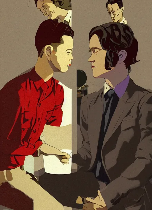 Prompt: artwork by Michael Whelan, Bob Larkin and Tomer Hanuka, of a solo individual portrait of Joseph Gordon-Levitt wearing a 1920s red striped outfit, dapper, he's a singing telegram, from scene from Twin Peaks, simple illustration, domestic, nostalgic, from scene from Twin Peaks, clean, full of details, by Makoto Shinkai and thomas kinkade, Matte painting, trending on artstation and unreal engine
