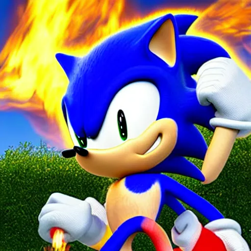 prompthunt: Sonic the hedgehog with a flamethrower, award winning