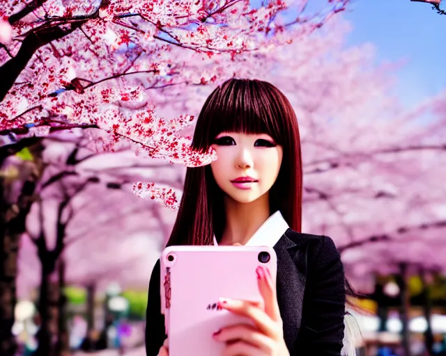Image similar to selfie of an japanese gyaru with beautiful face and modern clothes, sakura blooming in the background, bokeh, depth of field, dramatic lighting, cinematic, vivid colors, matte painting, vivid color scheme, trending on artstation, unreal engine