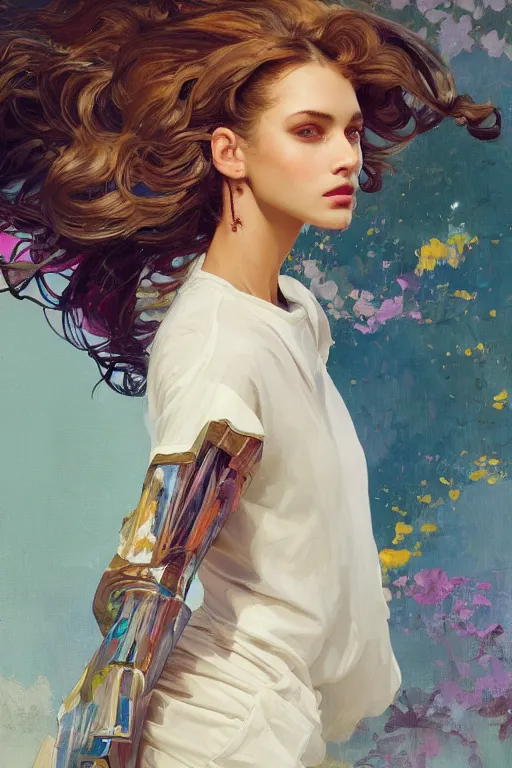 Image similar to an hyper intricate oil painting of gen z model wearing a fashion outfit wearing a clean t - shirt, full body ultra fashion model pose by vogue, excellent composition, by yoshitaka amano, by greg rutkowski, by alphonse mucha, by rhads, by ross tran, trending on artstation