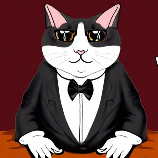 Image similar to a very fat and judgmental cat wearing a full tuxedo, smoking a pipe, sitting in a dimly lit parlor lounge, photograph