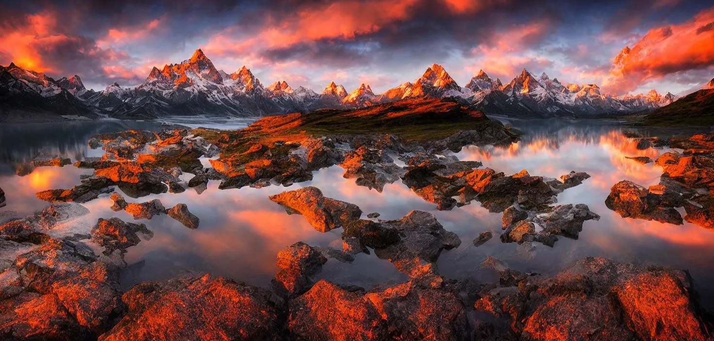 Image similar to amazing landscape photo of mountains with lake in sunset by marc adamus, beautiful dramatic lighting