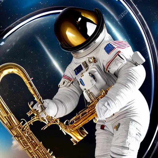 Image similar to astronaut using a saxophone in space, hd, earth, realistic, detailed, award winning image
