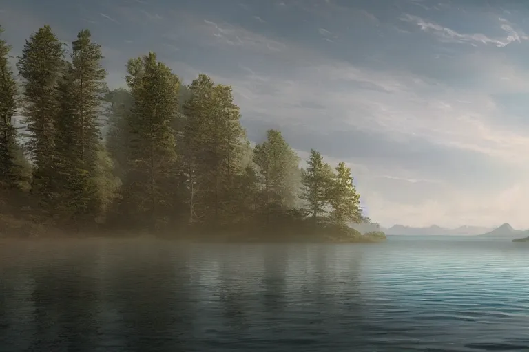 Prompt: a matte painting of Lake Simcoe, trending on artstation
