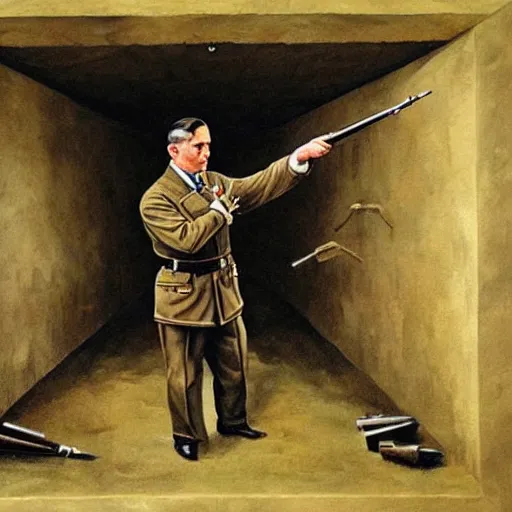 Prompt: a beautiful complex painting of adolf hitler shooting himself in his bunker