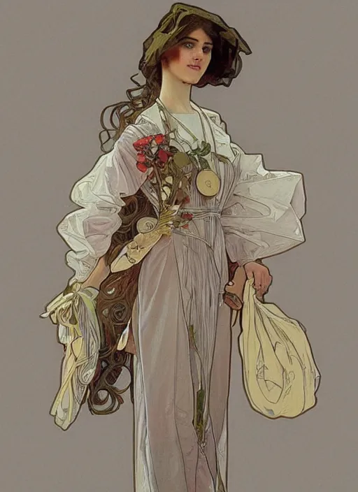 Prompt: an octanre render realistic portrait by alphonse mucha of a russian girl detailed features wearing a cargo wedding dress - sporty, sleek, tech utility - chic trend. lots of zippers, pockets, synthetic materials, jumpsuits chic'techno fashion trend by issey miyake and balenciaga