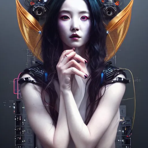 Prompt: portrait painting of sunmi as a cyberpunk technician with horns and tattoos, ultra realistic, concept art, intricate details, eerie, highly detailed, photorealistic, octane render, 8 k, unreal engine. art by artgerm and greg rutkowski and magali villeneuve and alphonse mucha