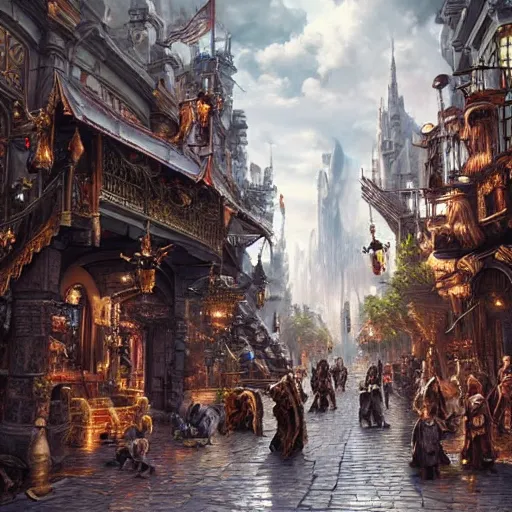 Prompt: a busy fantasy street scene from within a beautiful and ornate city, hyper realistic digital art, beautiful painting, detailed, cinematic, great composition, rococo, dungeons and dragons, lord of the rings, artstation