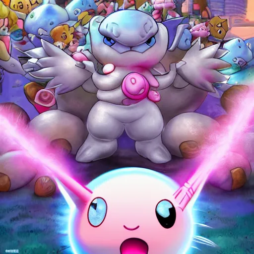 Image similar to jigglypuff fighting back hordes of monsters in he'll using a machine gun, digital art, highly detailed, 4 k