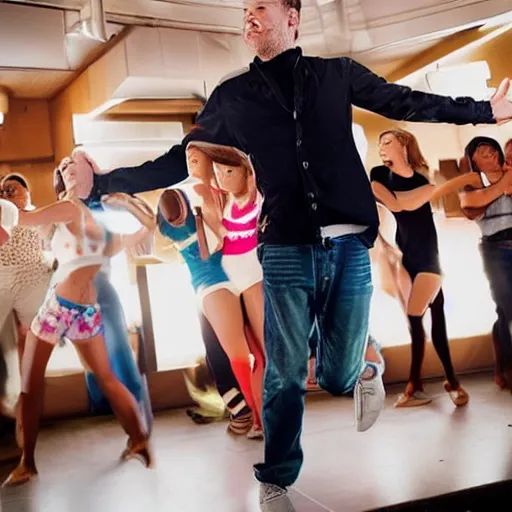 Image similar to photo of a 4 0 year old white man living thinking he's living the best life possible. he looks young for his age. he is at a dance club, it's as if he were in a music video. sadly he did not realize there is more to life. woman are flocking to him and can be seen dancing around him in a seductive manner.