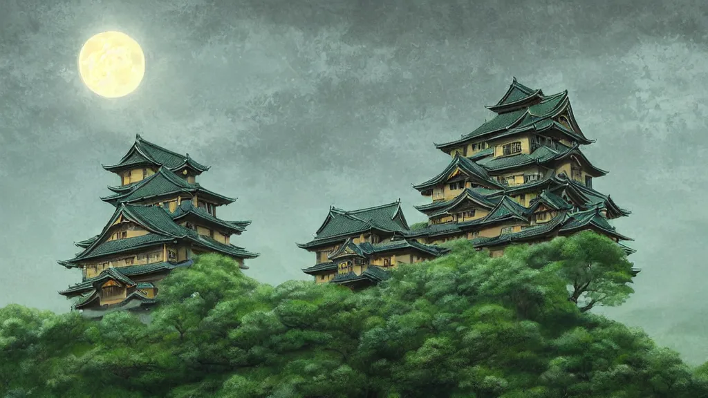 Prompt: beautiful green japanese castle in front of mountainous background with just a few trees, dark sky full moon, whimsical surrealism, 8 k, subsurface scattering, intricate geometry, fantastical setting, otherwordly, by greg rutkowski