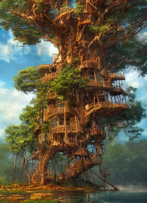 Image similar to A beautiful digital painting of an enormous treehouse, crystal lake by Stanley Artgerm Lau, Rossdraws, James Jean, gerald brom, Andrei Riabovitchev, Marc Simonetti, and Sakimichan, trending on artstation