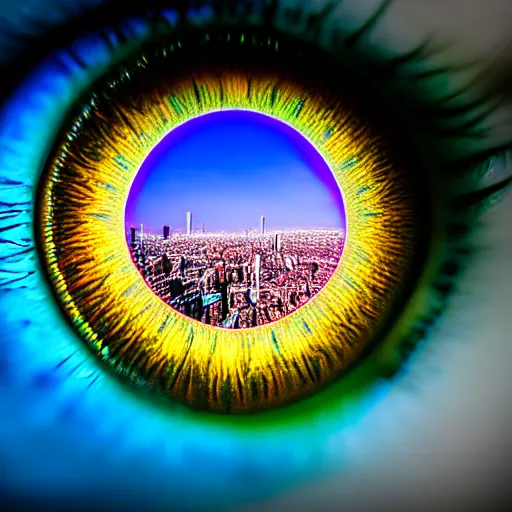 Image similar to very closeup shot, photo of an city inside girls' eye iris , award winning shot