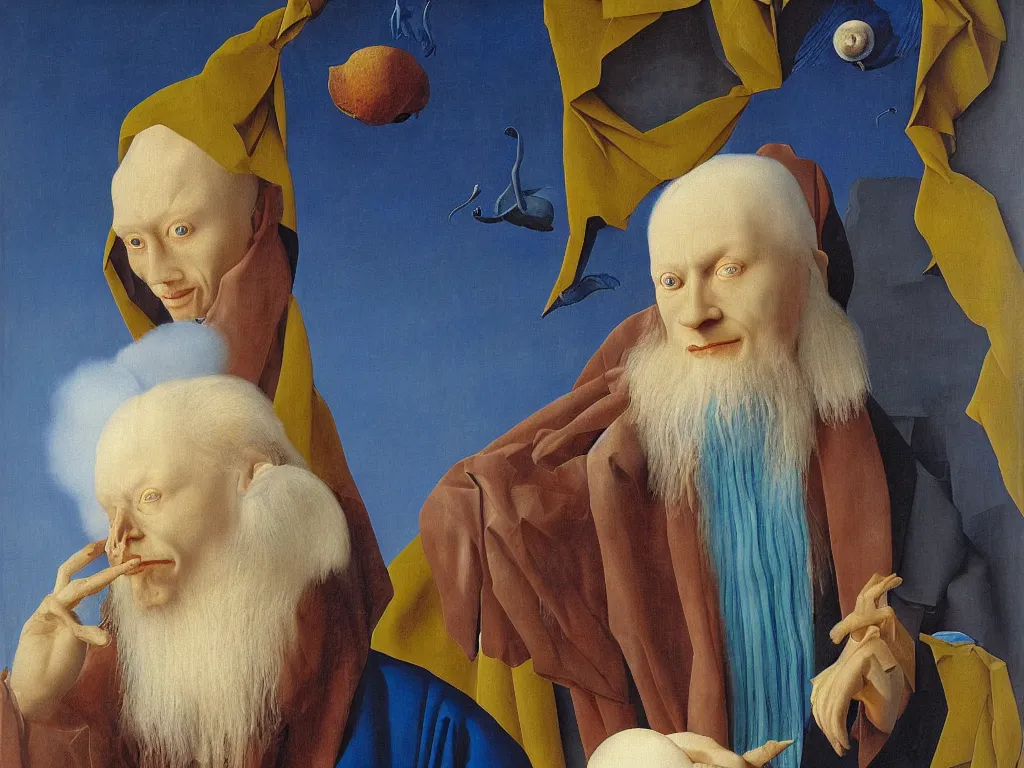 Image similar to Portrait of albino mystic with blue eyes, with exotic meteor. Painting by Jan van Eyck, Audubon, Rene Magritte, Agnes Pelton, Max Ernst, Walton Ford