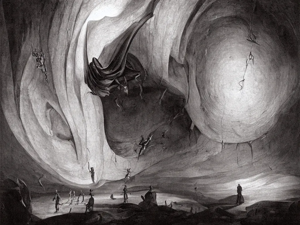 Prompt: Strange with giant hypnotizing moth wings at the entrance of a cavern on an alien planet. Thick gothic cathedral smoke. Surreal, melancholic. Painting by Caravaggio, Caspar David Friedrich, Yves Tanguy