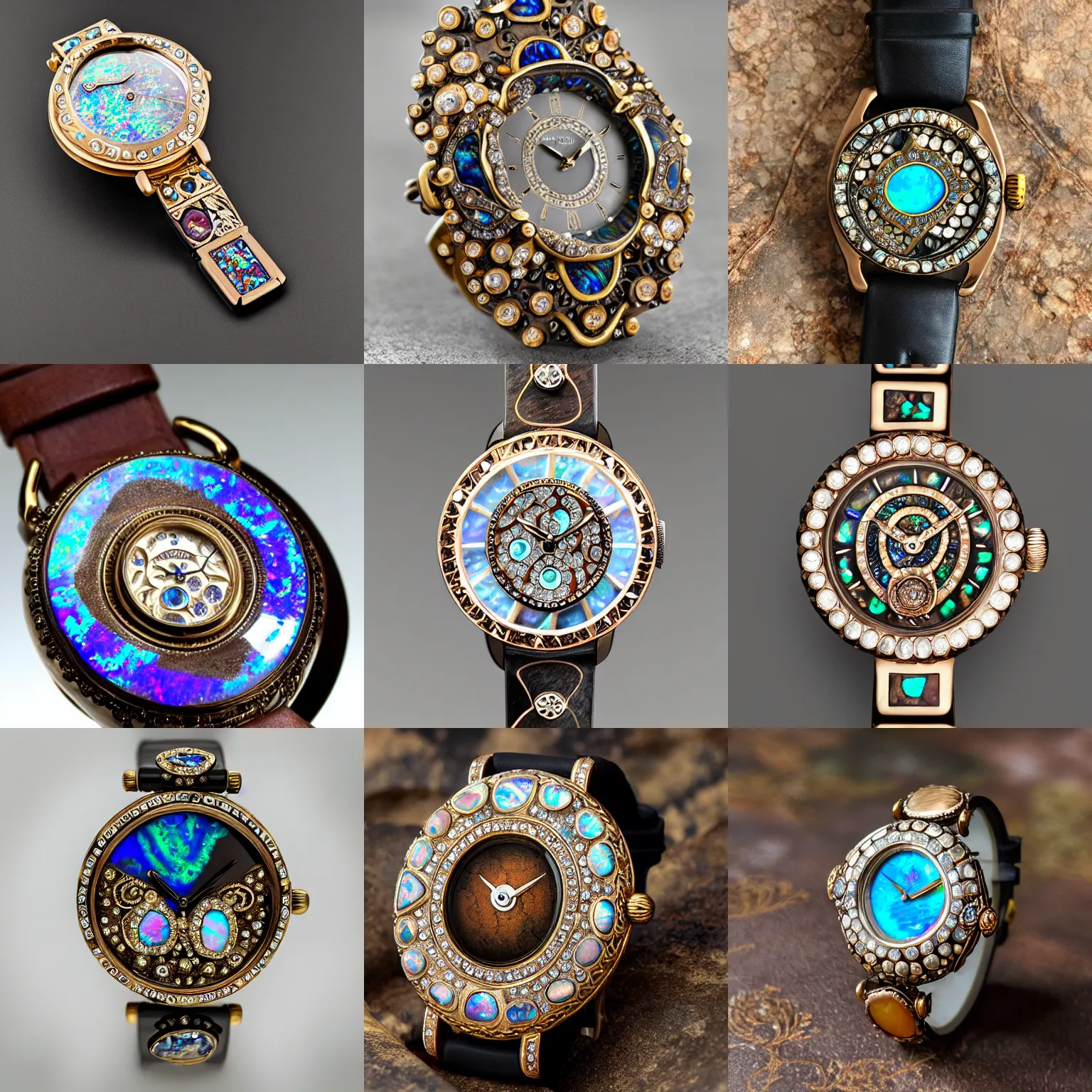 Prompt: photo of jeweled watch, intricate, rococo, made of boulder opal, bronze inlays, product photography