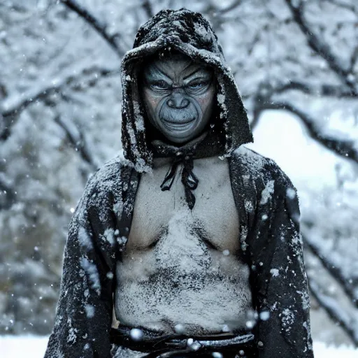 Image similar to samurai with gollum face, winter, snow, depressed, dark