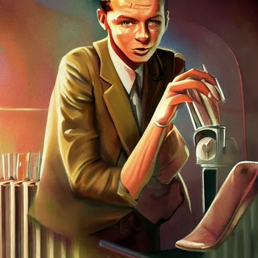 Prompt: perfect composition, cinematic atmosphere, award-winning concept art, detailed digital painting, airbrushed: young Frank Sinatra as a poor 1950s bartender. Soviet dystopia, cyberpunk, steampunk. Poverty. Volumetric cinematic lighting, great attention to perfect anatomy, special attention to posing, great attention to realistic facial expression, faithful cinematic color scheme, perfectly coherent. In the style of: Greg Rutkowski, Francis Bacon, Syd Mead, Norman Rockwell, Beksinski, Edward Hopper, James Gilleard, Ilya Kuyshinov, WLOP, Stanley Artgerm, Takato Yamamoto, and James Jean.