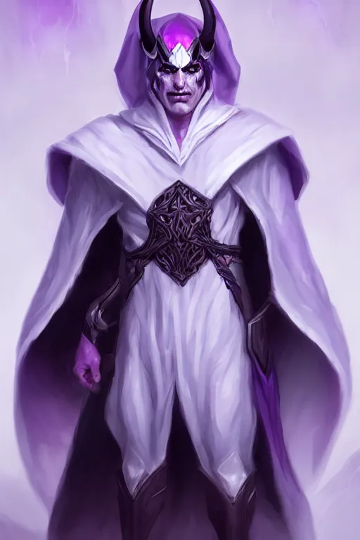 Prompt: man male demon, white purple cape, warlock, character concept art, costume design, black eyes, white horns, trending on artstation, Artgerm , WLOP